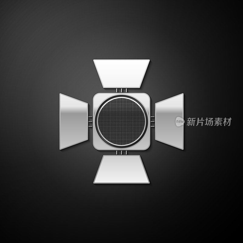 Silver Movie spotlight icon isolated on black background. Light Effect. Scene, Studio, Show. Long shadow style. Vector